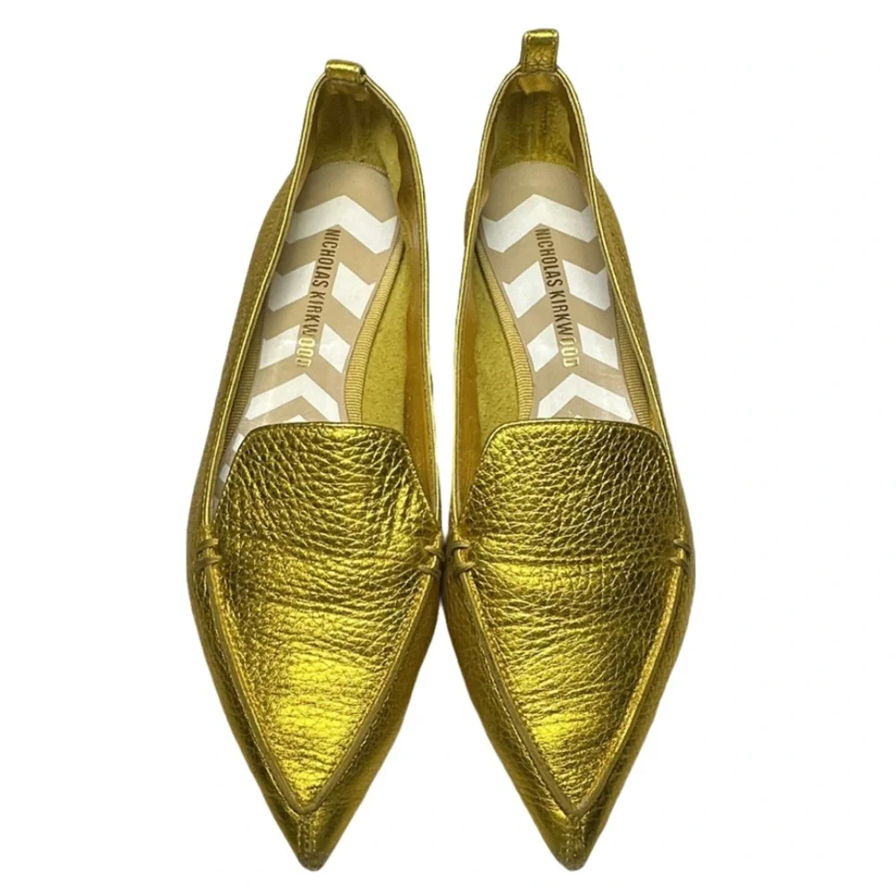 NICHOLAS KIRKWOOD | Beya Gold Leather Pointed Toe Flat Loafer Shoe Lux